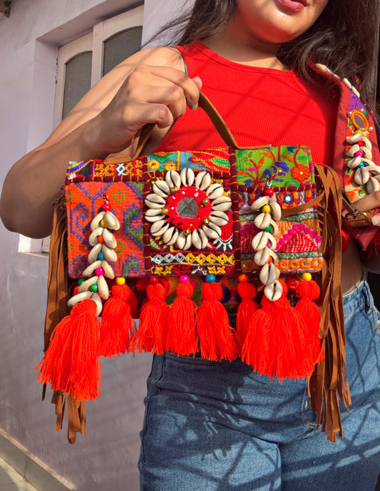 KESARI- Boho bag with heavy work belt🧡🧶✨