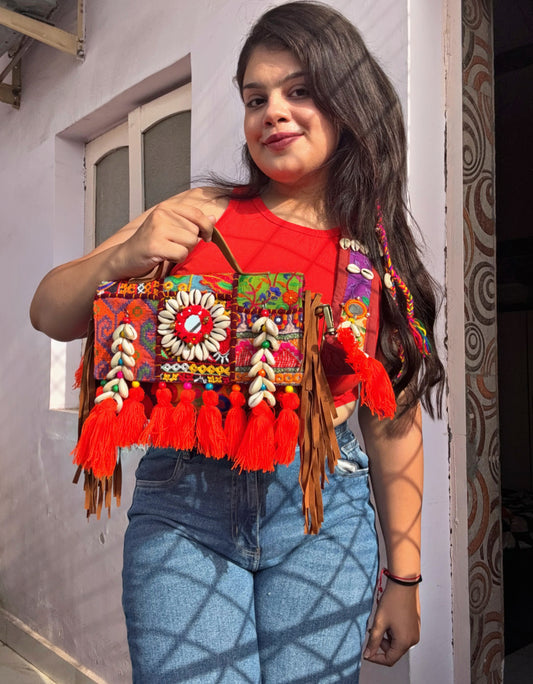 KESARI- Boho bag with heavy work belt🧡🧶✨