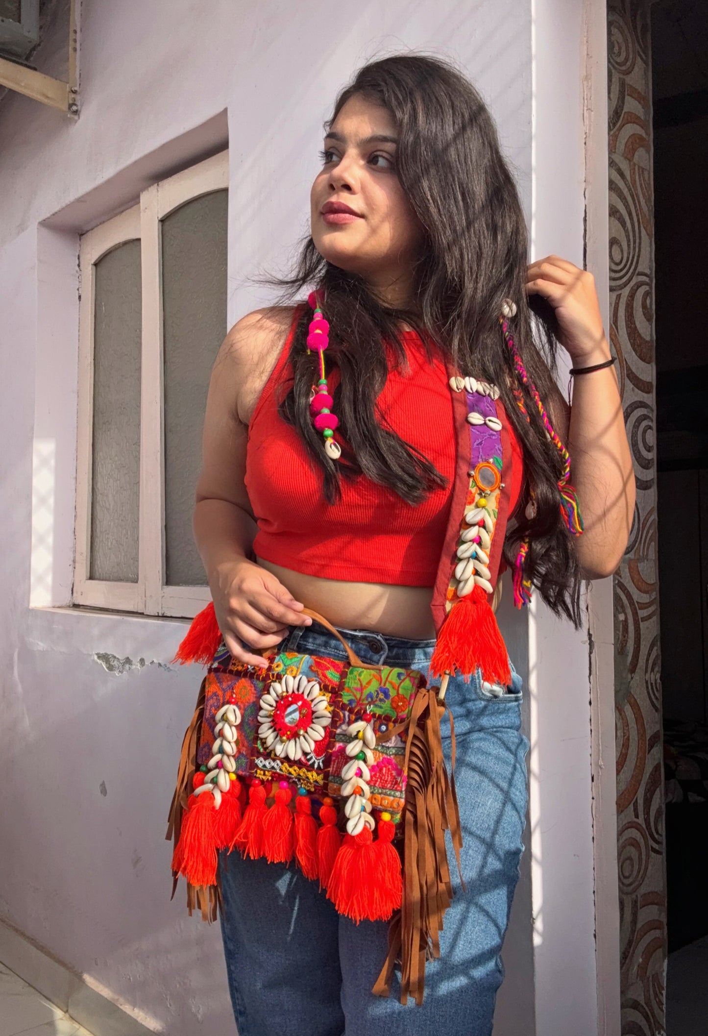 KESARI- Boho bag with heavy work belt🧡🧶✨