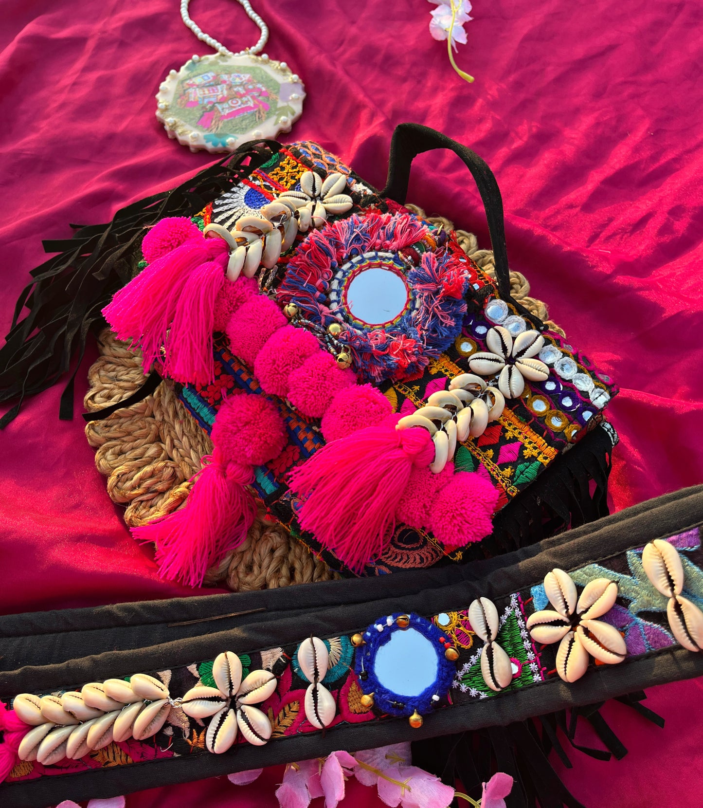 MISHRI BLACK BOHO BAG WITH HEAVY WORK BELT