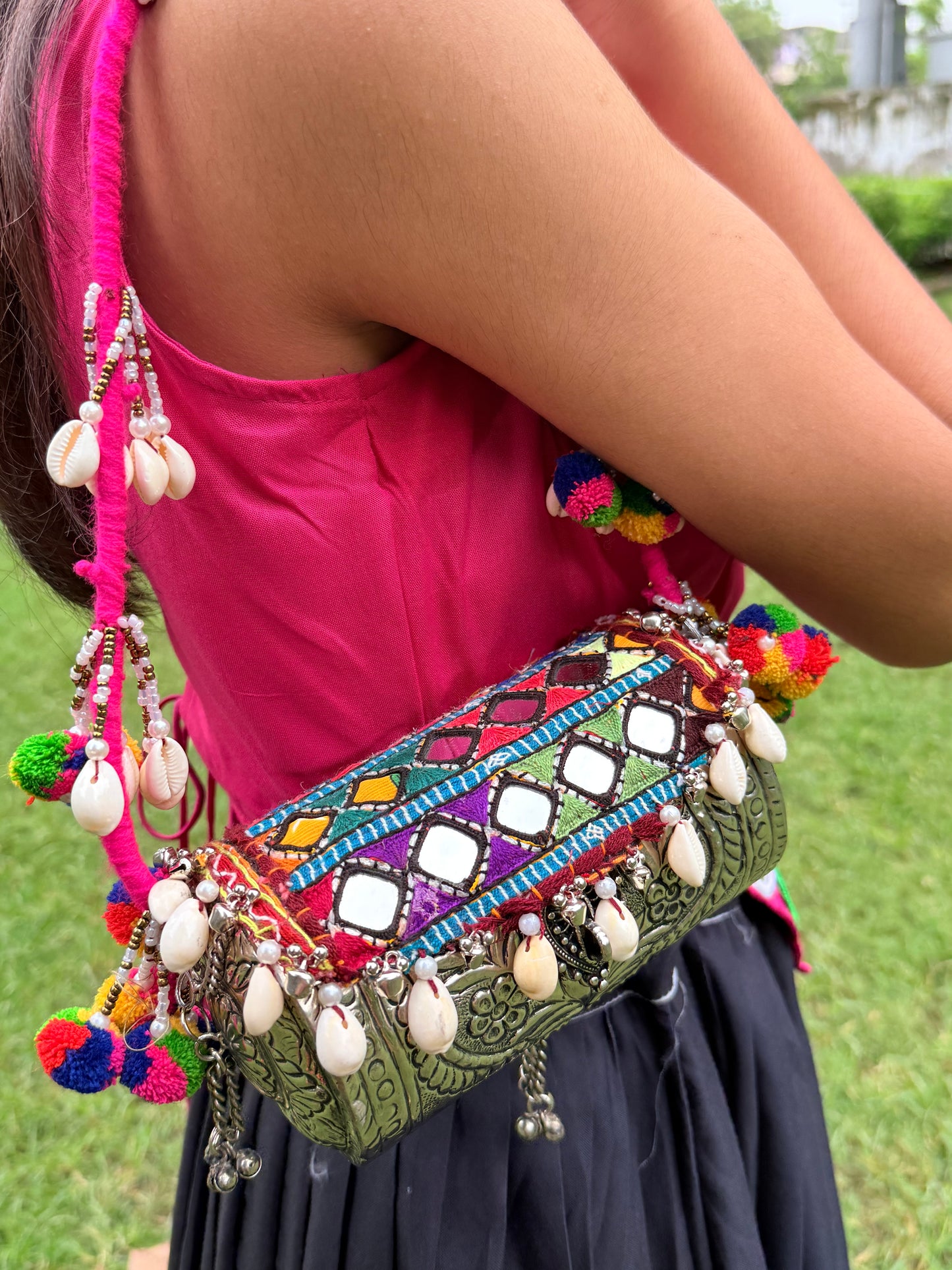 PIHU- Dholki STYLE BRASS CLUTCH WITH KUTCHI WORK 🪞