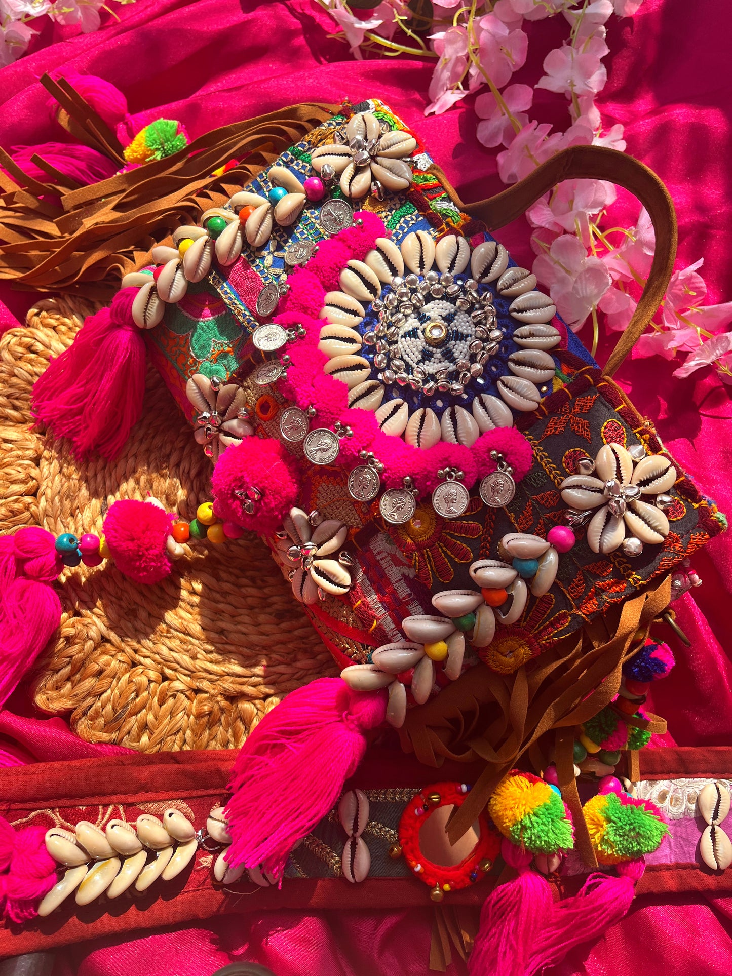 Megha Afghani Work Black boho bag with Heavy work belt
