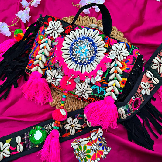 Megha Afghani Work Black boho bag with Heavy work belt