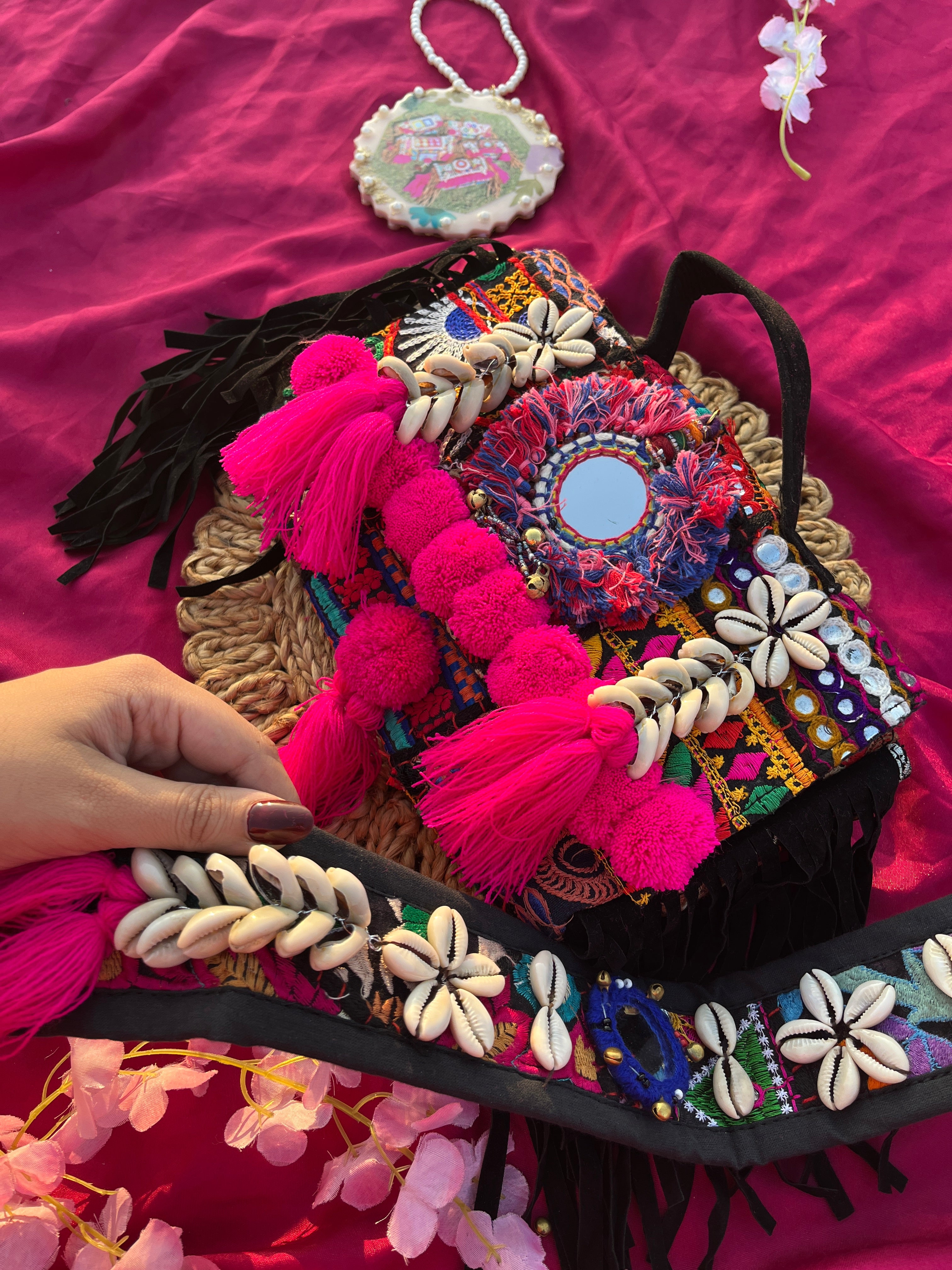 MISHRI BLACK BOHO BAG WITH HEAVY WORK BELT