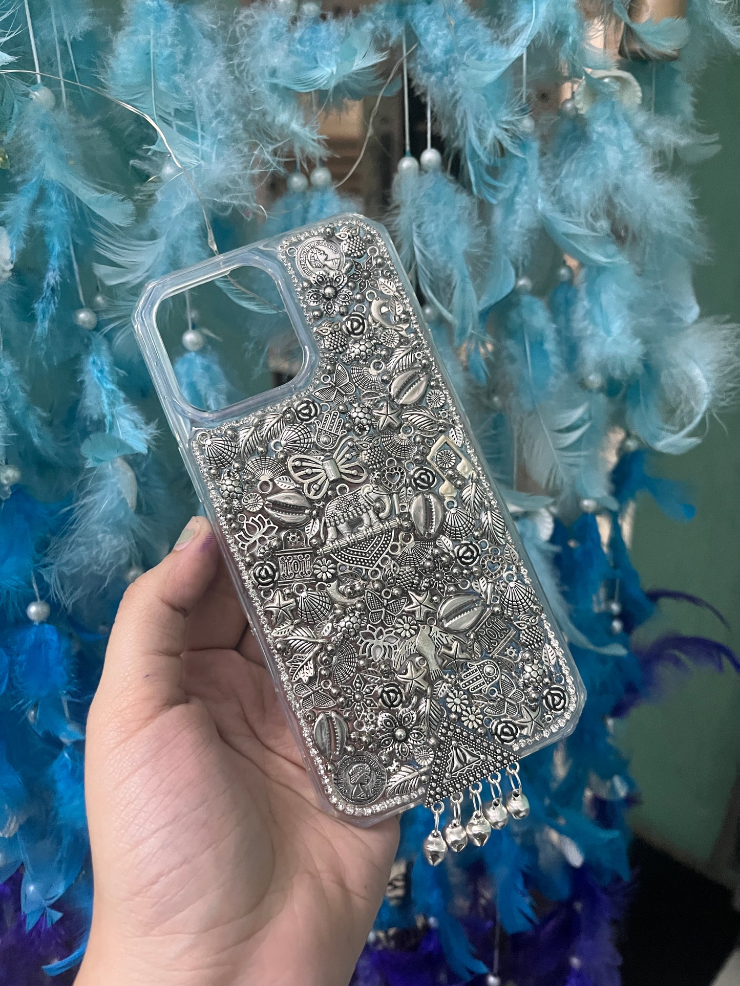 “DO IT ALL-SILVER”- studded charm phone case