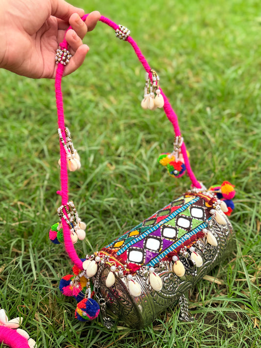 PIHU- Dholki STYLE BRASS CLUTCH WITH KUTCHI WORK 🪞