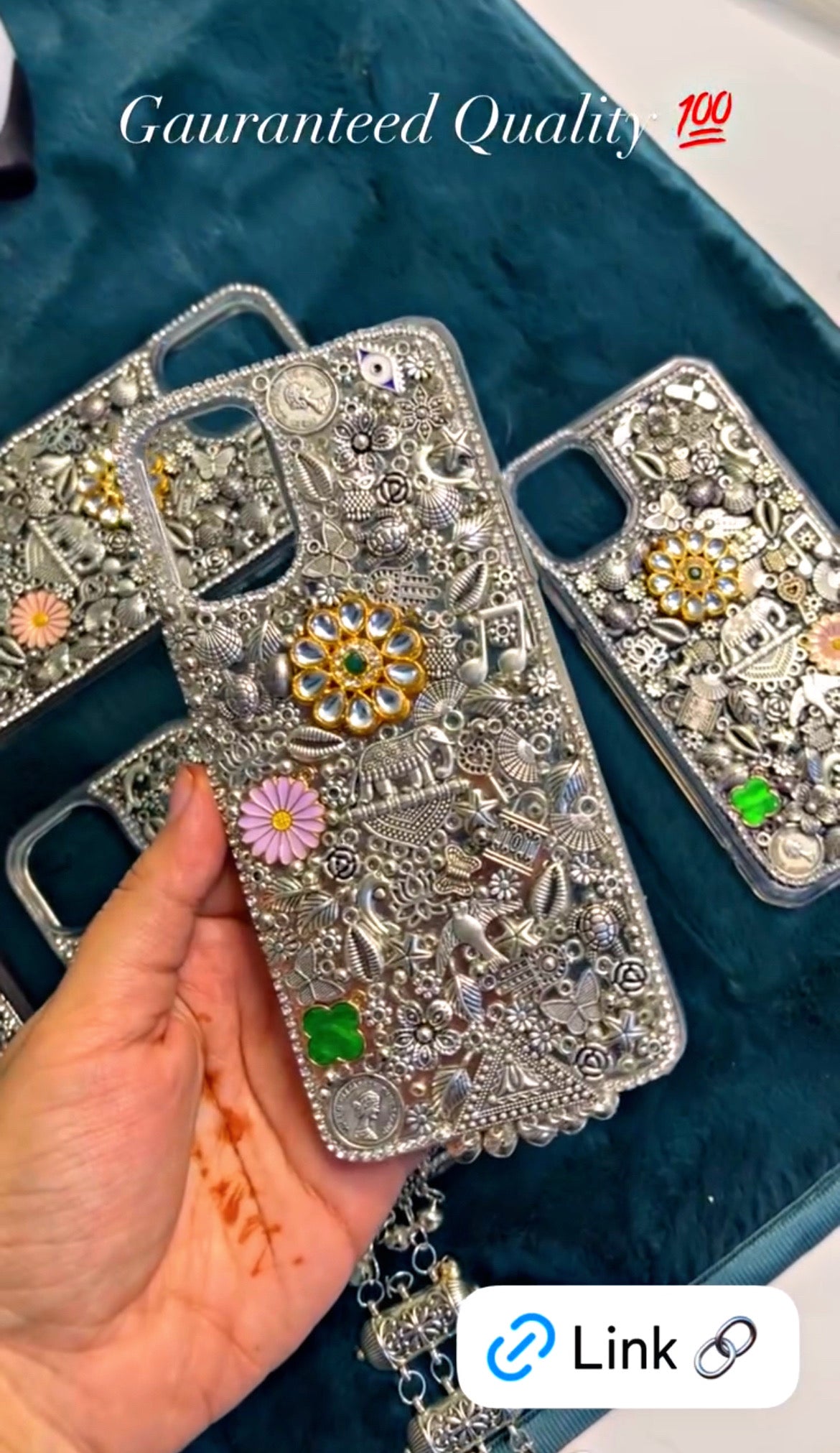 OXODIZED SILVER CHARM STUDDED PHONE case/ cover Whatsapp us with model for customisation )🌷 Without sling Iphone