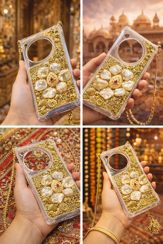 MOTHER PEARL AND GOLDEN CHARM PHONE COVER with golden chain sling