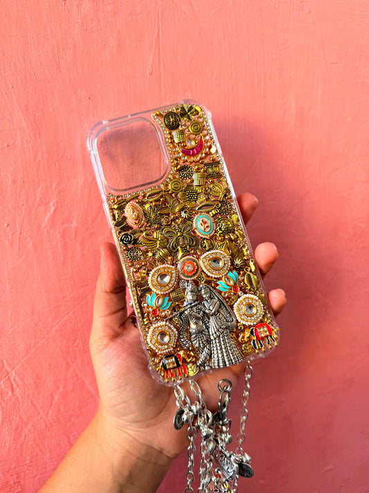 RADHA KRISHNA AND KUNDAN WORK PHONE COVER with DETACHABLE SLING ✨