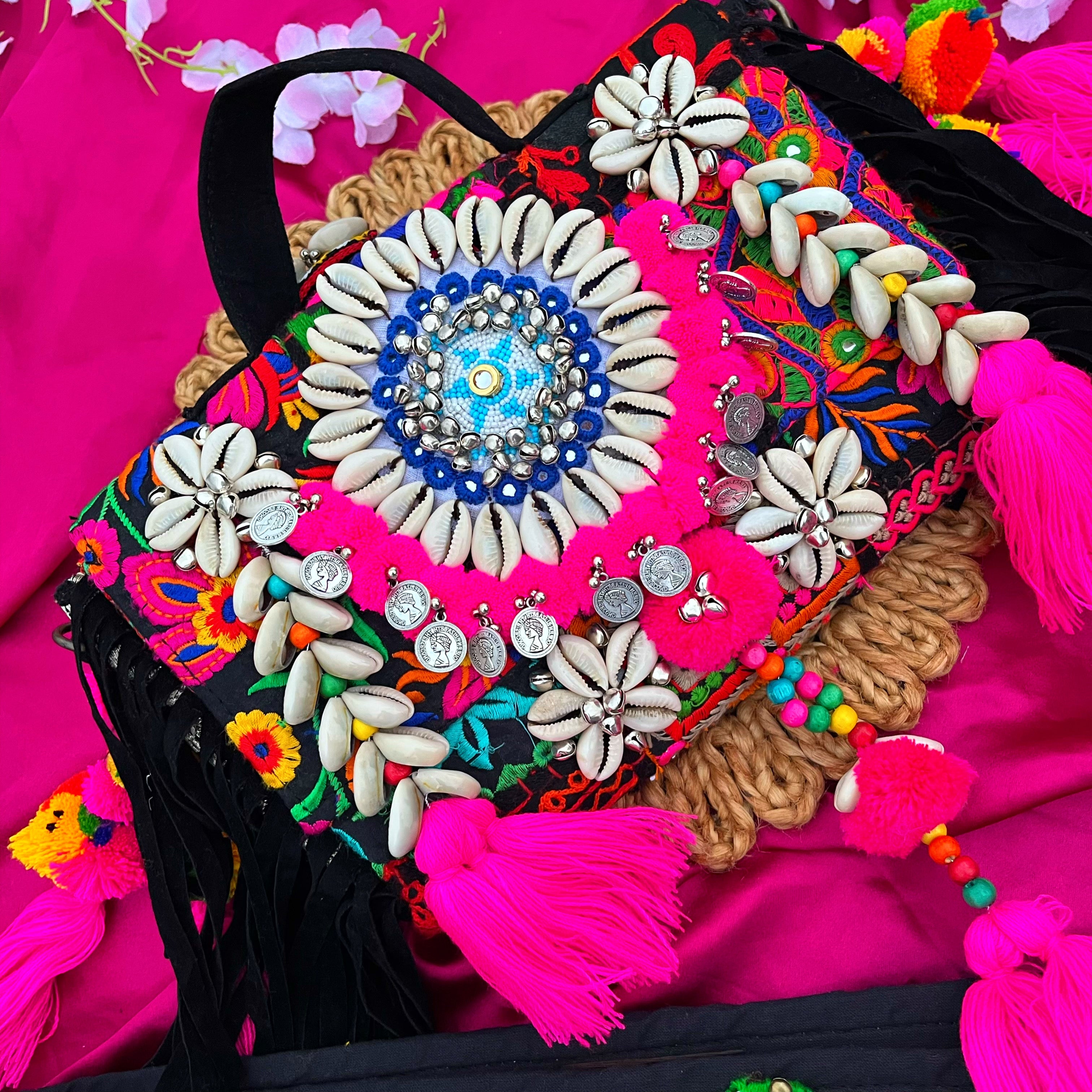 Megha Afghani Work Black boho bag with Heavy work belt