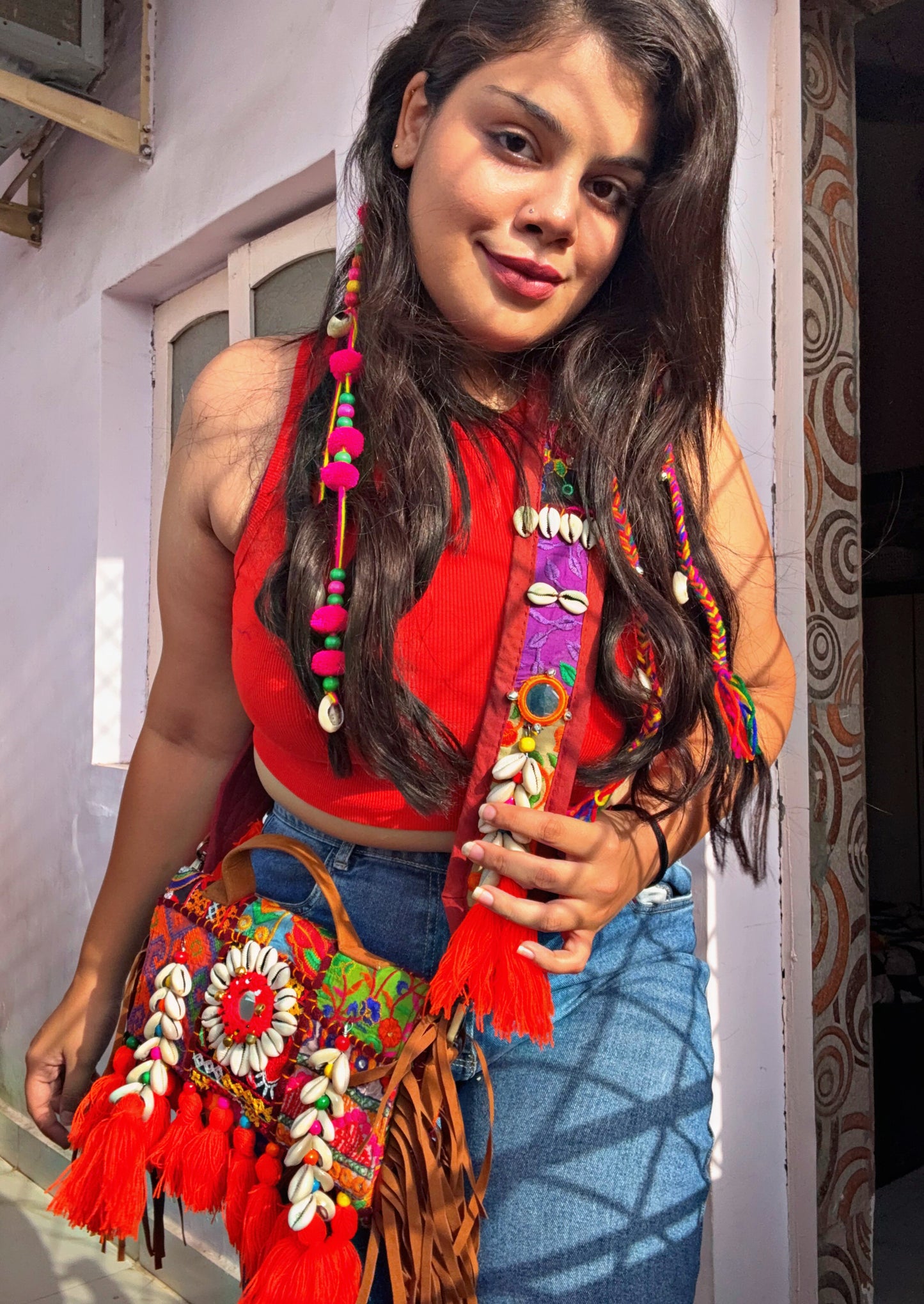 KESARI- Boho bag with heavy work belt🧡🧶✨