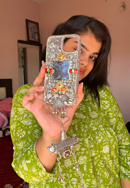 SAANJH- silver and kundan charm studded phone case/ phone cover with embellished chain (detachable)