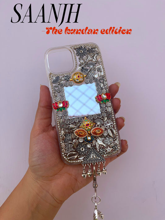 SAANJH- silver and kundan charm studded phone case/ phone cover with embellished chain (detachable)