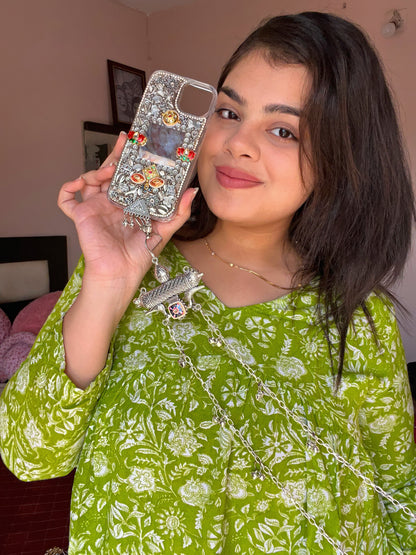 SAANJH- silver and kundan charm studded phone case/ phone cover with embellished chain (detachable)