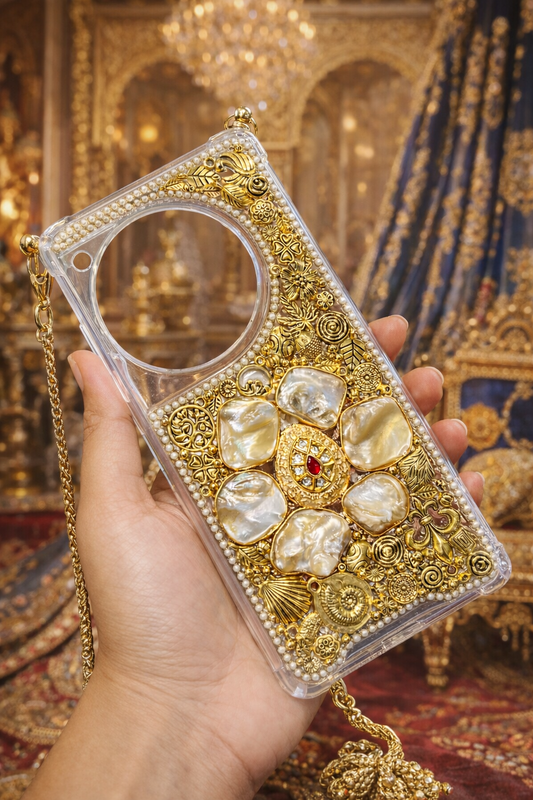 MOTHER PEARL AND GOLDEN CHARM PHONE COVER with golden chain sling