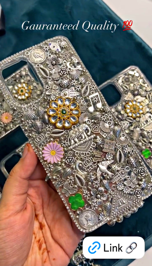 OXODIZED SILVER CHARM STUDDED PHONE case/ cover ( Whatsapp us with model for customisation )🌷