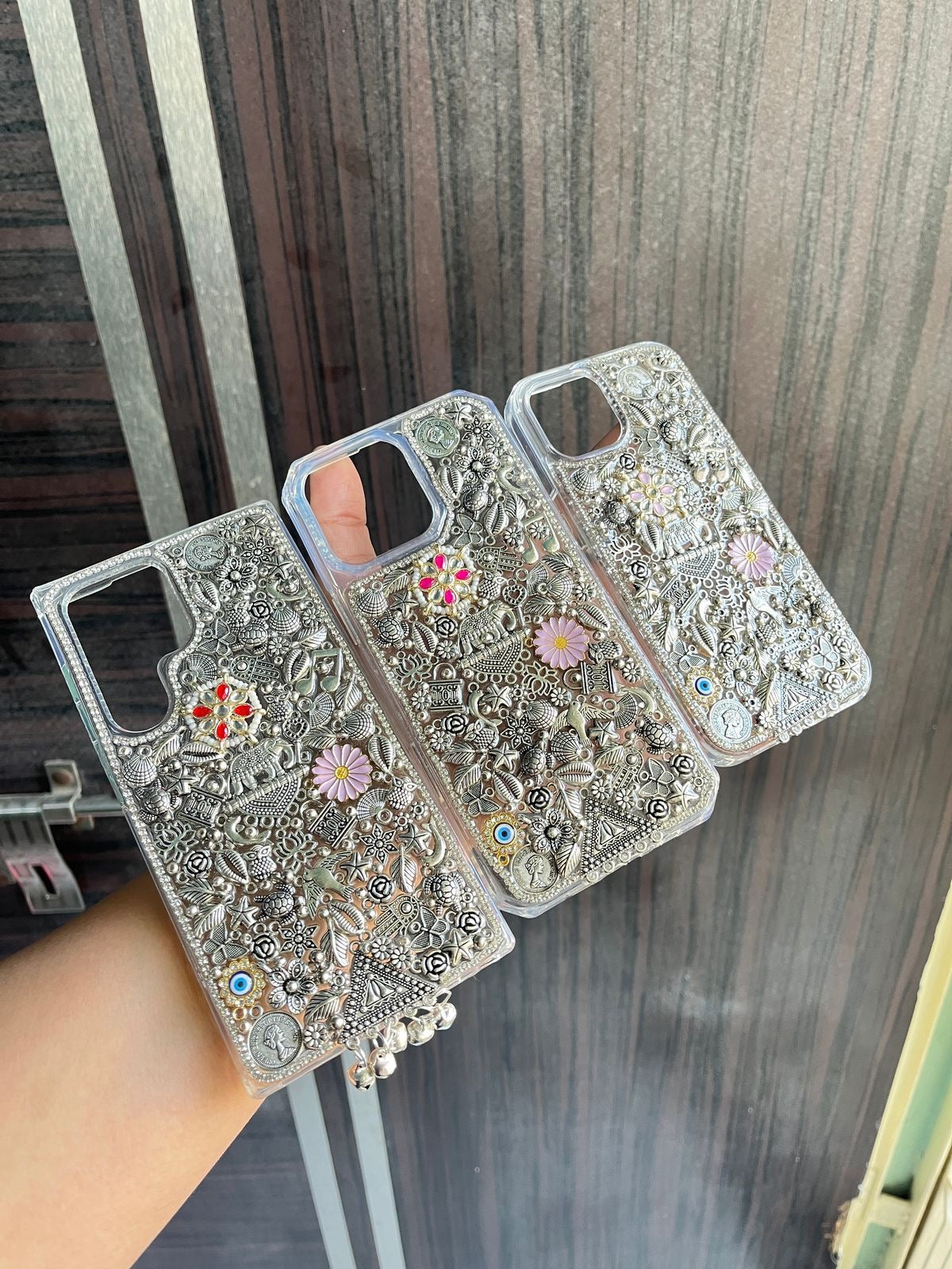 OXODIZED SILVER CHARM STUDDED PHONE case/ cover ( Whatsapp us with model for customisation )🌷