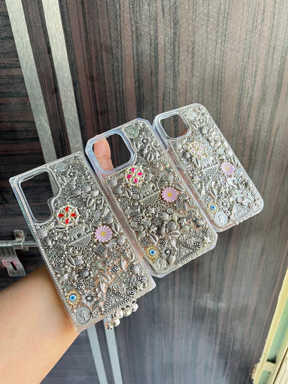 OXODIZED SILVER CHARM STUDDED PHONE case/ cover ( Whatsapp us with model for customisation )🌷