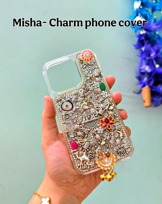 MISHA- silver charm phone cover with kundan 🪬