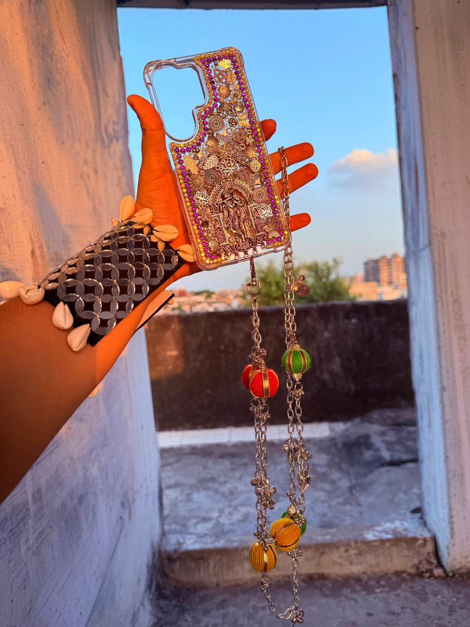 Radha-no-Krushn phone cover with silver sling & lanyard