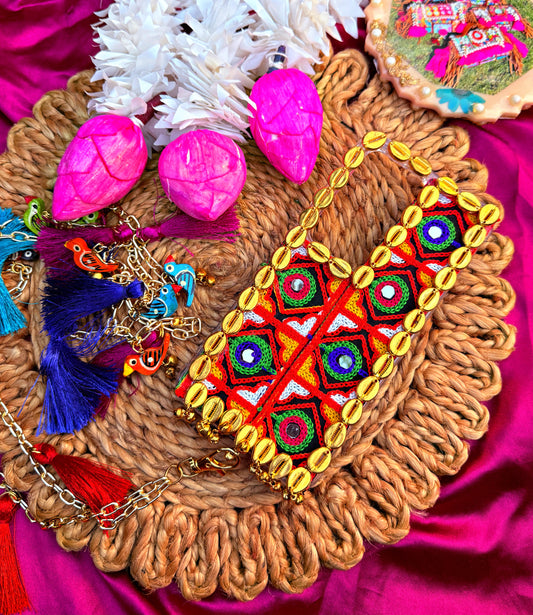 Kutchi work phone cover with tassel phone sling