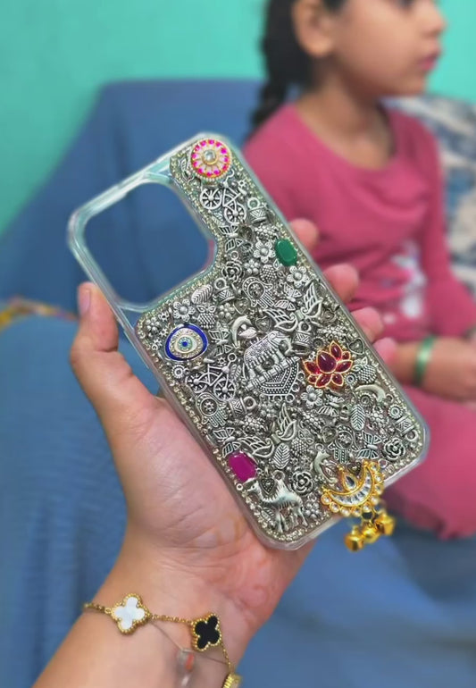 MISHA- silver charm phone cover with kundan 🪬