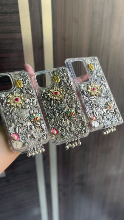 OXODIZED SILVER CHARM STUDDED PHONE case/ cover ( Whatsapp us with model for customisation )🌷